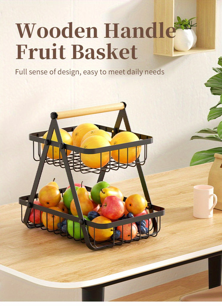 1pc 2/3 Tier Detachable Metal Wire Bathroom Storage Basket with Wooden Handle