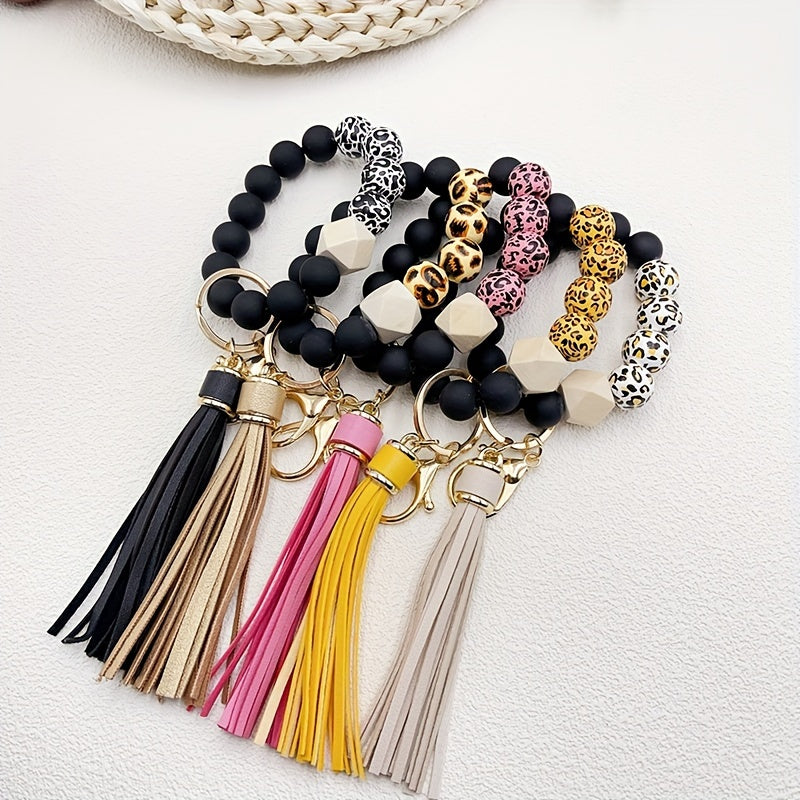1pc Stylish Leopard Pattern Silicone Wooden Beaded Wristlet Keychain - Fashionable PU Leather Tassel Bag Charm, Phone Lanyard, Bangle Keychain for Women's Daily Use - Perfect Gift for Friends and Family