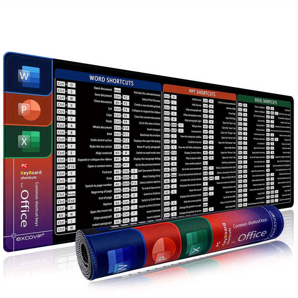 EXCOVIP Rubber Mouse Pad, Oblong Shape, Non-Slip Desk Mat for Office, Home, Student Study, Keyboard Shortcut Design, Ideal for Office Word Excel PPT, Durable and Easy to Clean