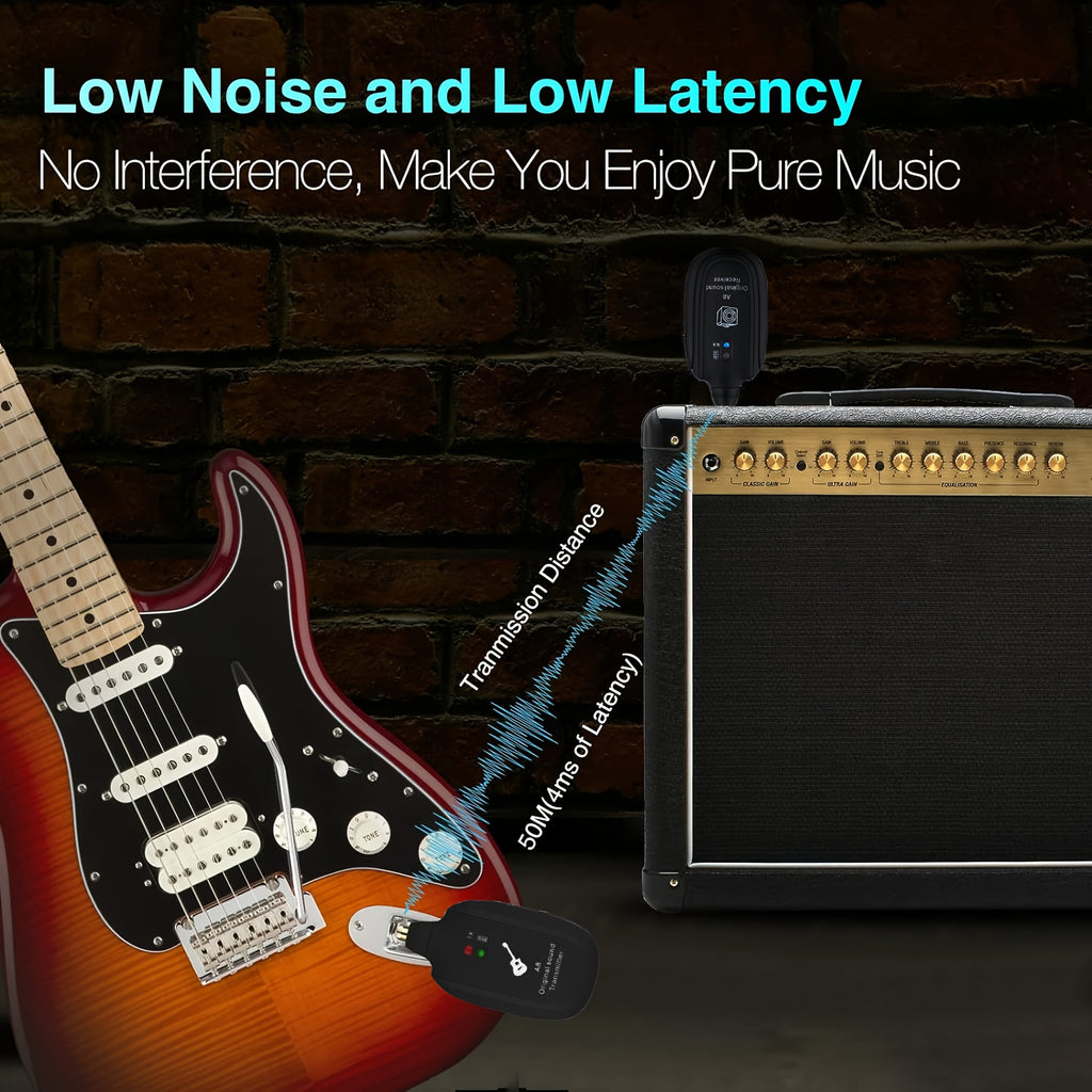 A8 Wireless Guitar System with Built-in Rechargeable Lithium Battery, USB-C Audio Wireless Transmitter Receiver for Acoustic Guitar, Bass, Violin, Keyboard, and Electronic Wind Tubes - Black