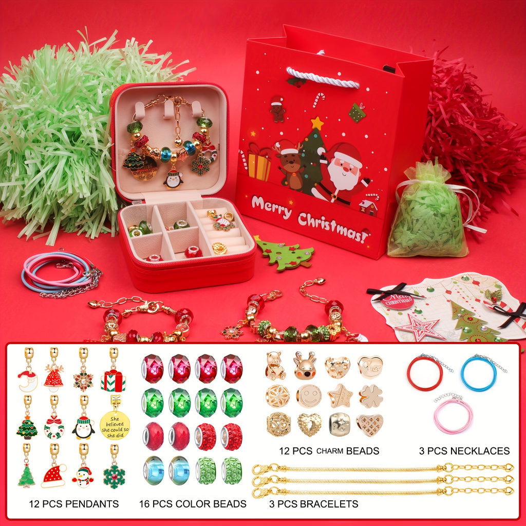 DIY Charm Bracelet Making Kit for Girls - Cute Silvery-Plated Zinc Alloy Beads with Pink Faux Leather Gift Box