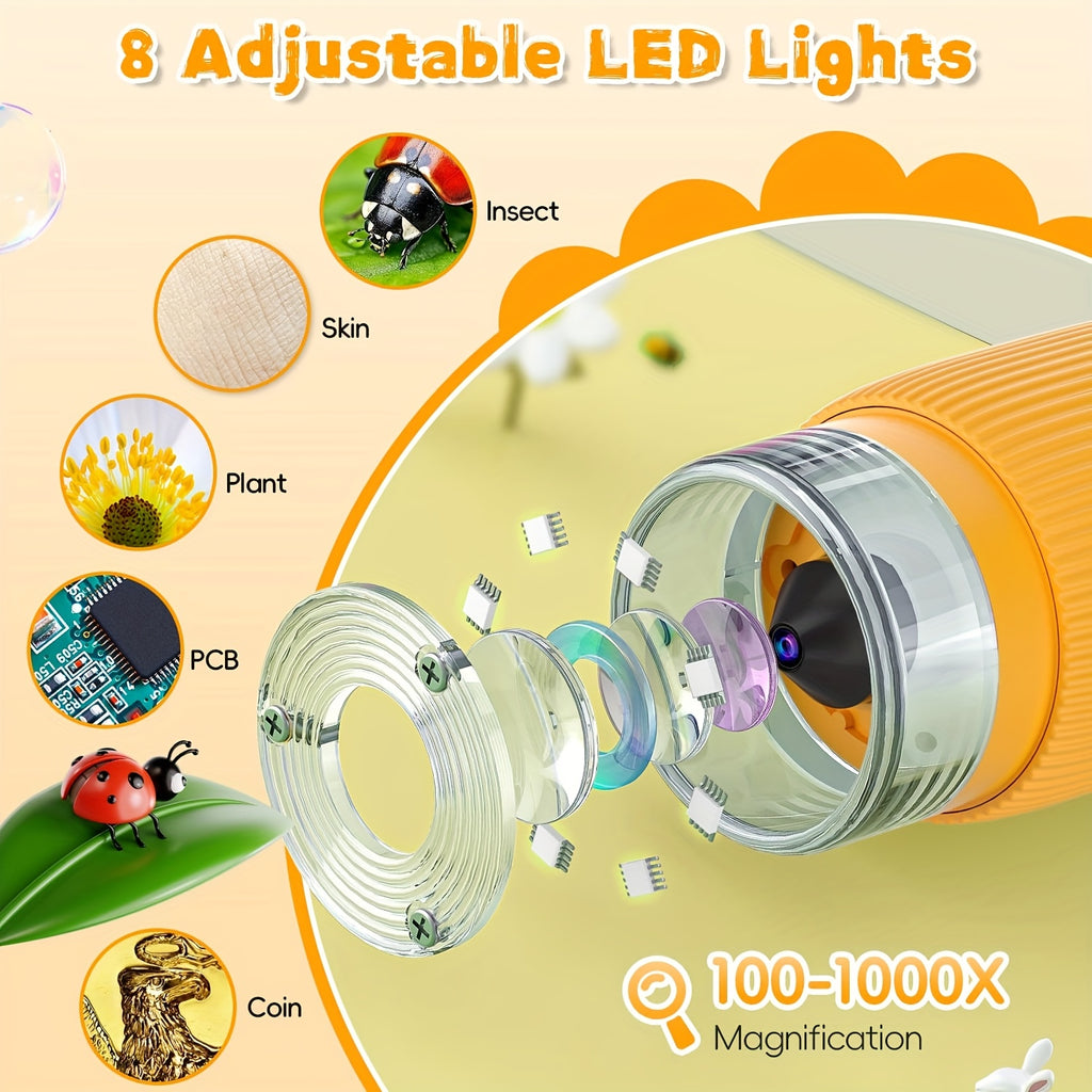 Children'S Portable Microscope, Mini Handheld Pocket Digital Microscope for Kids and Adults, IPS Screen Electronic Magnifier with 8 Adjustable LED Lights and Photo and Video, as a Children'S Birthday