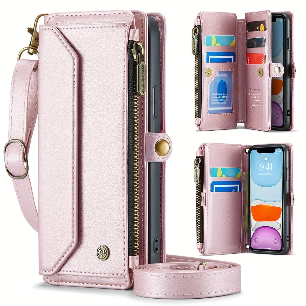 Extended Lanyard Faux Leather Phone Case for Iphone 15, 14, 13, 12, 11 Pro Max, Mini, XR, XS, 8, 7 Plus, And SE 2022 with Zipper Wallet And Card Holder