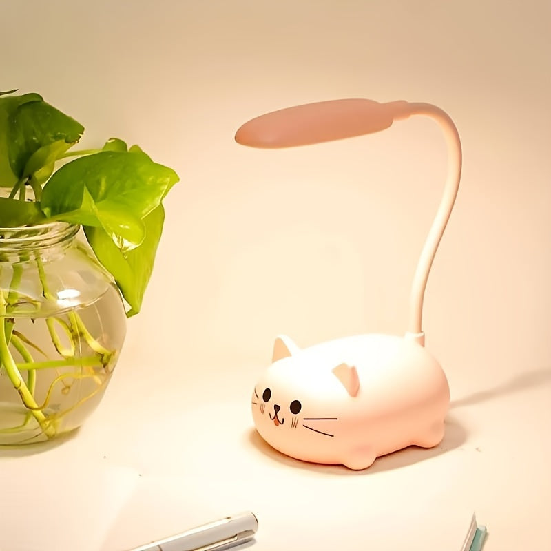 Adjustable LED Desk Lamp, USB Rechargeable Cute Cartoon Cat Table Light, Eye Protection Warm White Night Lamp for Household Use - Contains Electronic Components, Plastic Material