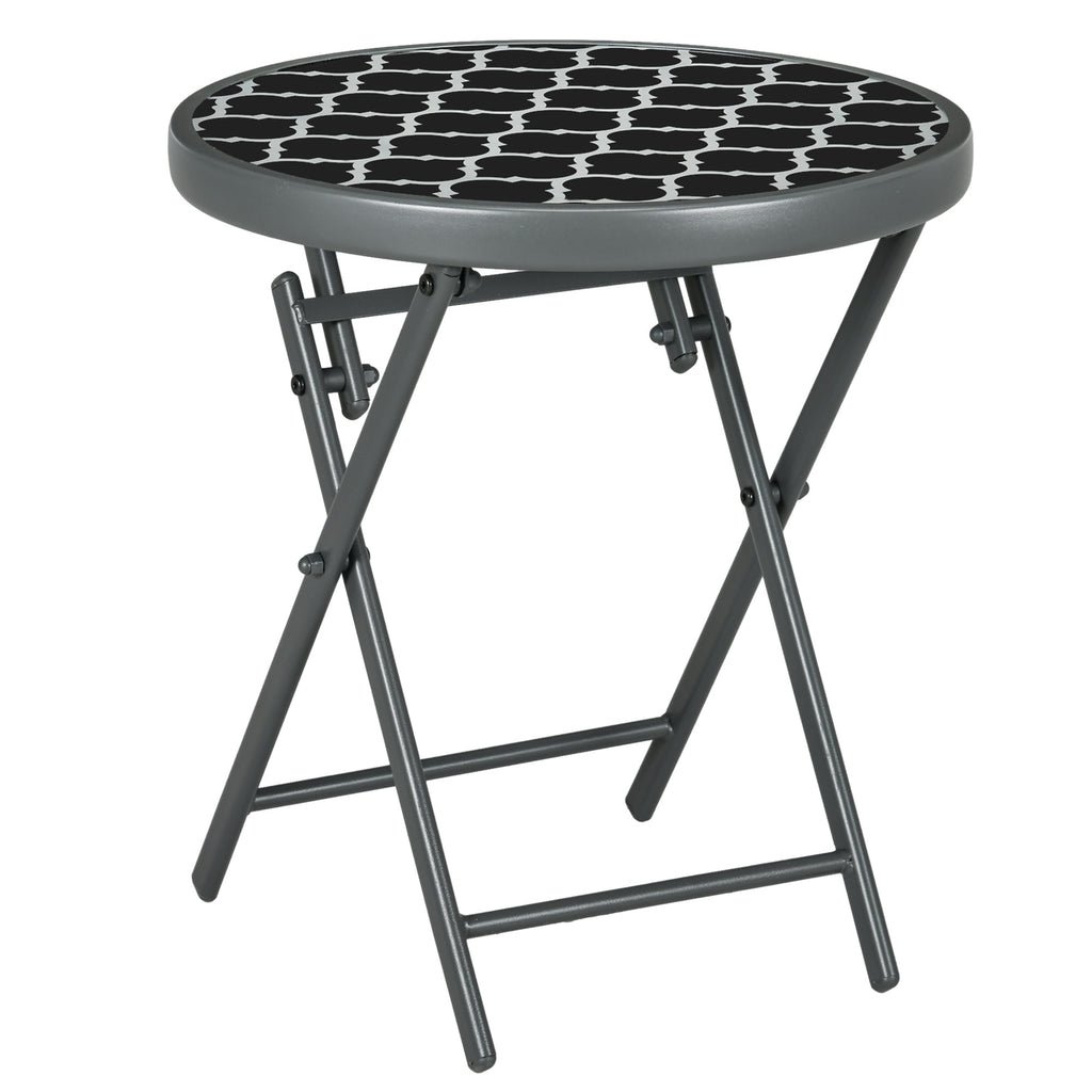 DodiOnline ?45cm Garden Side Table, Outdoor Round Folding Patio Table with Imitation Marble Glass Top, Small Coffee Table, Black and White