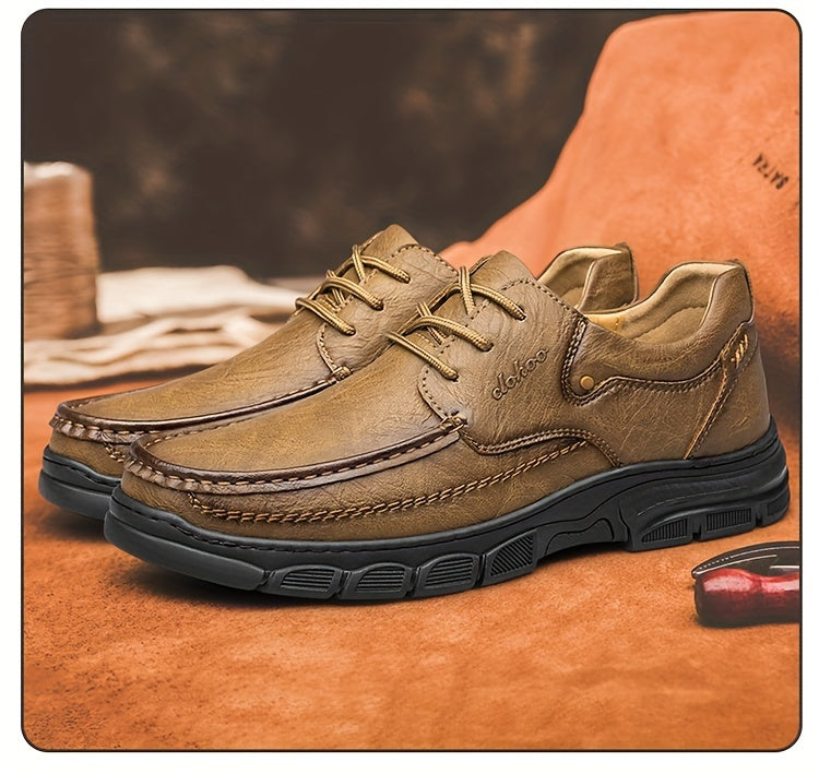 CLOHOO Men's Stitching Casual Shoes, Wear-resistant Anti-skid Lace-up Shoes With PU Leather Uppers For Outdoor, Men;s Daily Office Footwear For Spring And Autumn