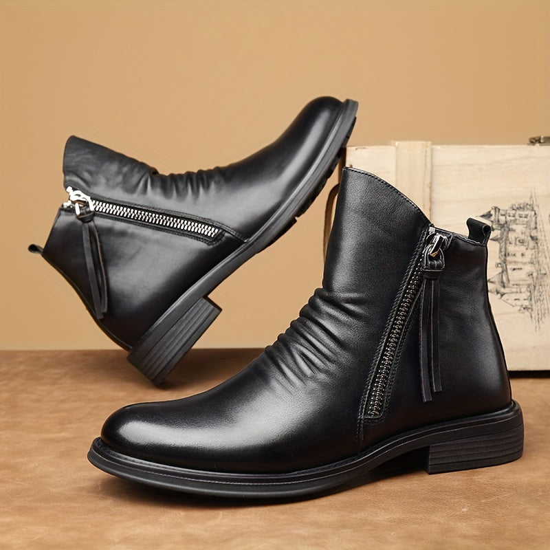 Men's Casual Leather High-top Boots: Stylish, Durable & Non-slip; All-season Wear with Comfortable Zip Closure