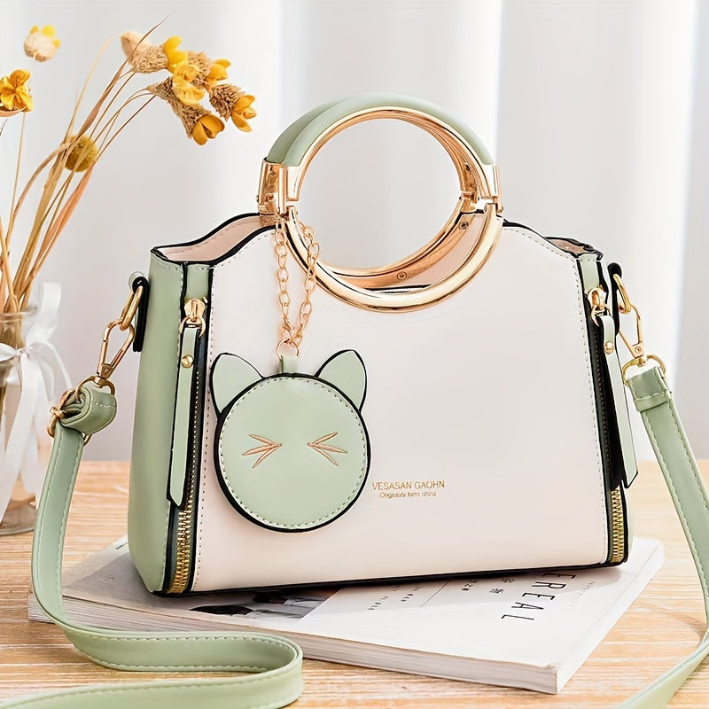 Color Contrast Handbag For Women, Trendy PU Leather Shoulder Purse, Versatile Crossbody Bag With Cute Cat Coin Purse