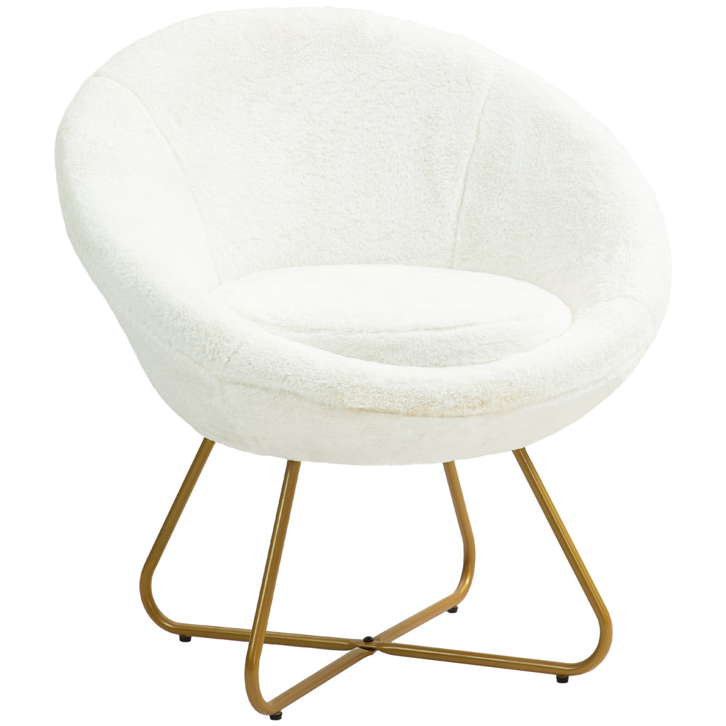 DodiOnline Faux Fur Accent Chair with Golden Metal Legs, Upholstered Comfy Tub Chair with Non-Slip Footpads, Seat Cushion for Bedroom, Living Room and Office, White