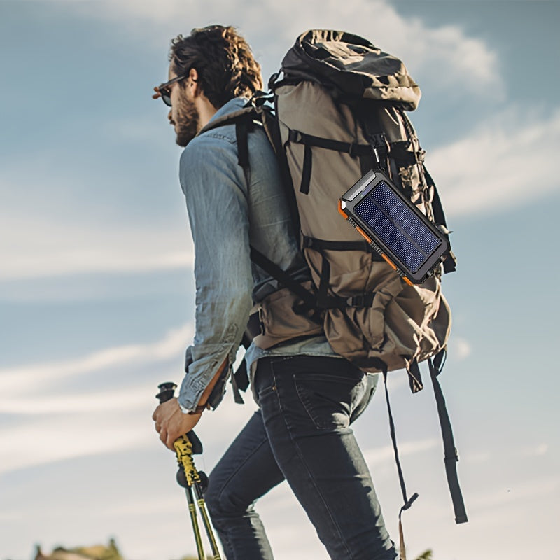 10000mAh portable solar cell phone battery panel charger with flashlight lighting/USB/ compass, suitable for iPhone/ Android mobile phone digital electronic devices, gift customization, outdoor emergency power backup battery