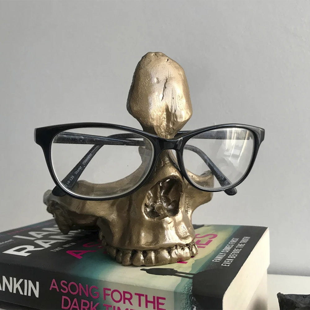 1pc Gothic Skull Glasses Holders, Skull Statues Eyewear Stand Crafts Tabletop Desktop Ornament, For Home Office Room Decor Birthday Halloween (4.8*5.6*5.6in), Day Of The Dead Decor