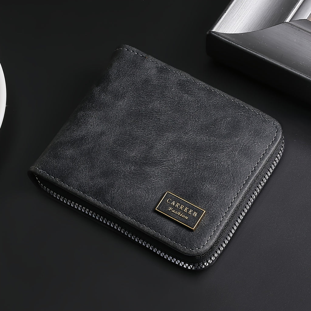 1pc Men's Zippered Short Wallet, Multi-card Holder, PU Leather Folding Wallet