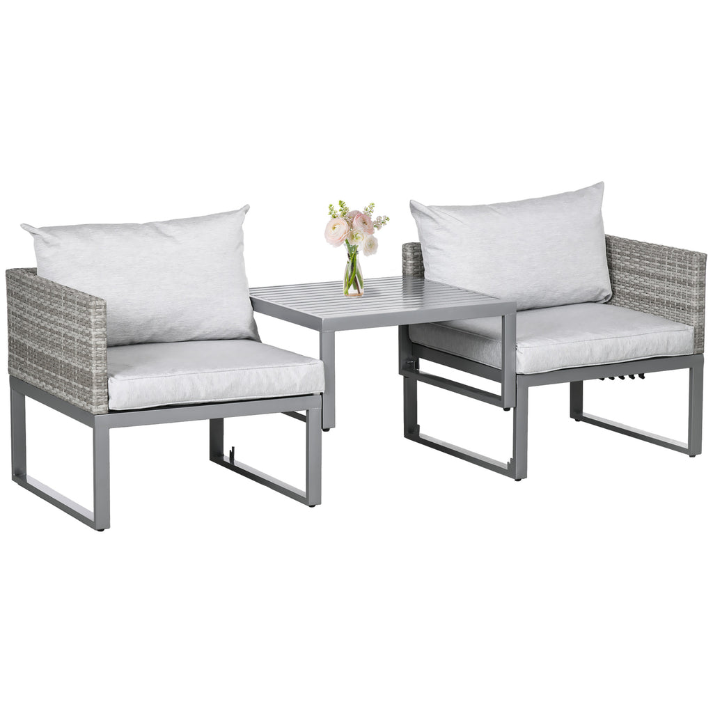 DodiOnline 3-in-1 Rattan Bistro Set, Wicker Outdoor Furniture Set with 2-level Rising Table, Adjustable 3-seater Sofa Lounger with Washable Cushions for Outdoor, Patio, Balcony, Grey