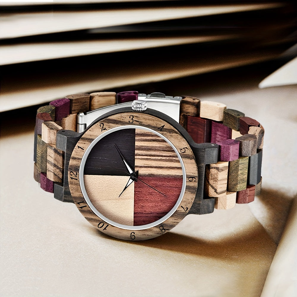 Unique Handcrafted Wooden Watch - Round Analog Quartz Timepiece with Colorful Bamboo Wood Dial and Wooden Strap for Casual Men - Non-Waterproof, Electronic Movement, Pointer Display