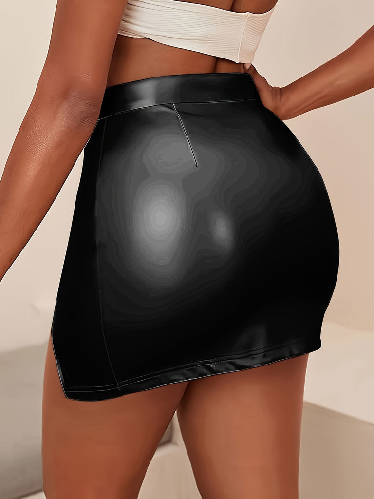 Faux Leather Split Bodycon Skirt, Casual High Waist Solid Mini Skirt, Women's Clothing