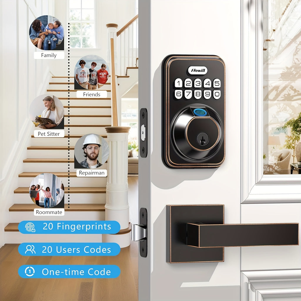 Fingerprint Front Door Lock Set with 2 Handles - Auto Lock & One-Touch Lock, Easy Install, Electronic Keypad Deadbolt, Keyless Entry Door Lock with Handle for Front Door