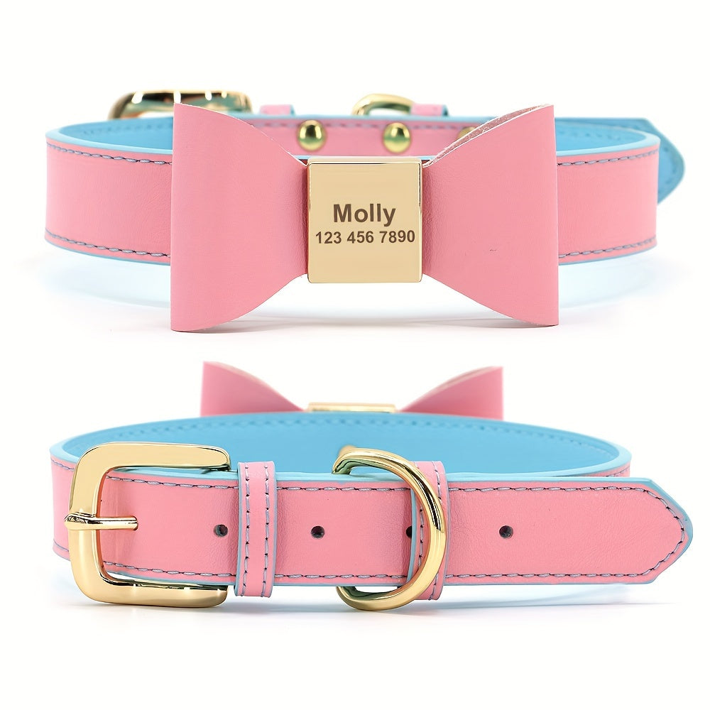 For Small Medium Dogs Cats, Free Engraved PU Leather Personalized Dog Collar with Bowknot, Customized Pet ID Name Collar