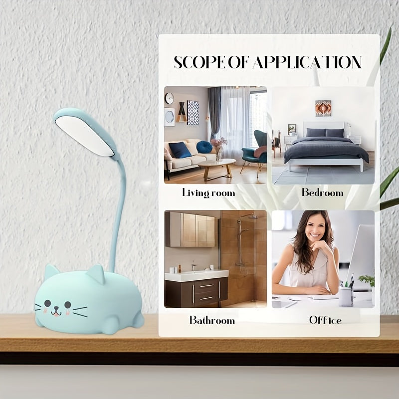 Adjustable LED Desk Lamp, USB Rechargeable Cute Cartoon Cat Table Light, Eye Protection Warm White Night Lamp for Household Use - Contains Electronic Components, Plastic Material