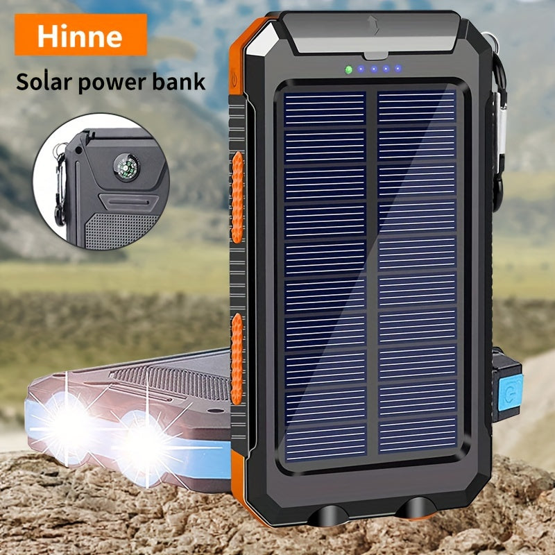 10000mAh portable solar cell phone battery panel charger with flashlight lighting/USB/ compass, suitable for iPhone/ Android mobile phone digital electronic devices, gift customization, outdoor emergency power backup battery