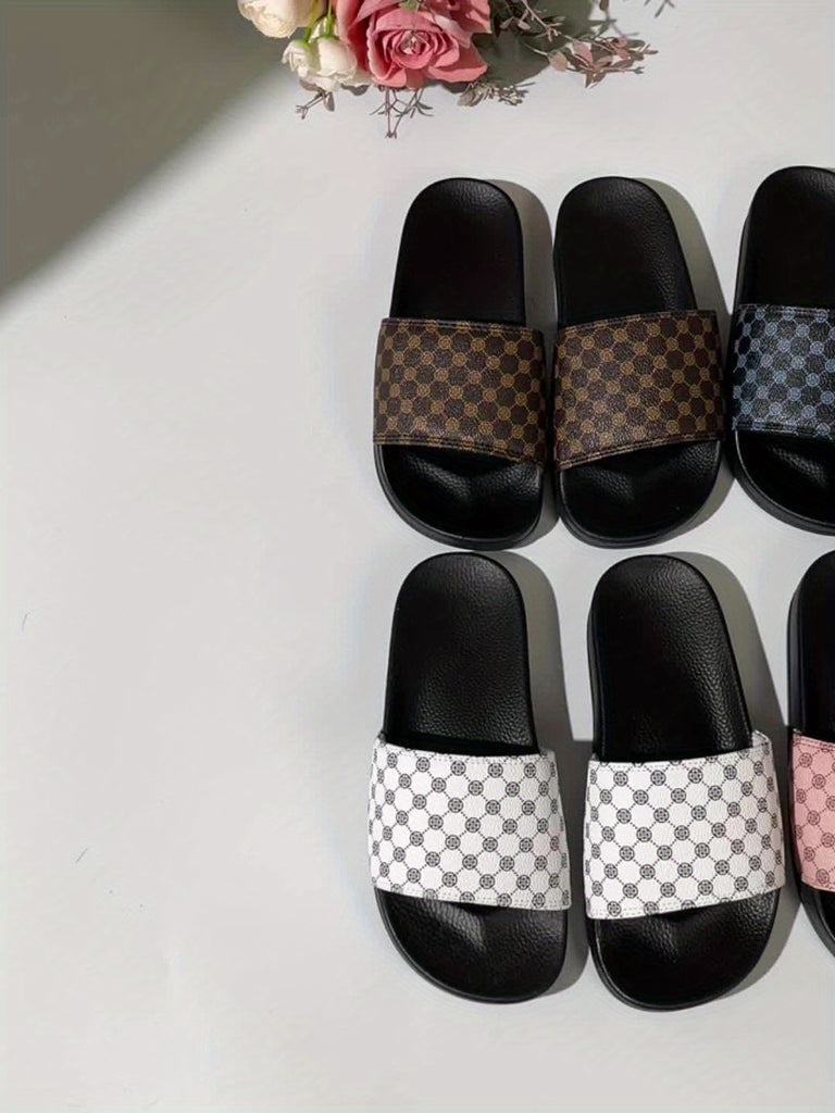 Soft Plaid Slides - Lightweight, Breathable, Comfortable Slip-On Shoes with Soft Fabric Inner, PU Faux Leather Upper, and Anti-Slip PVC Sole for Summer Beach Casual Wear