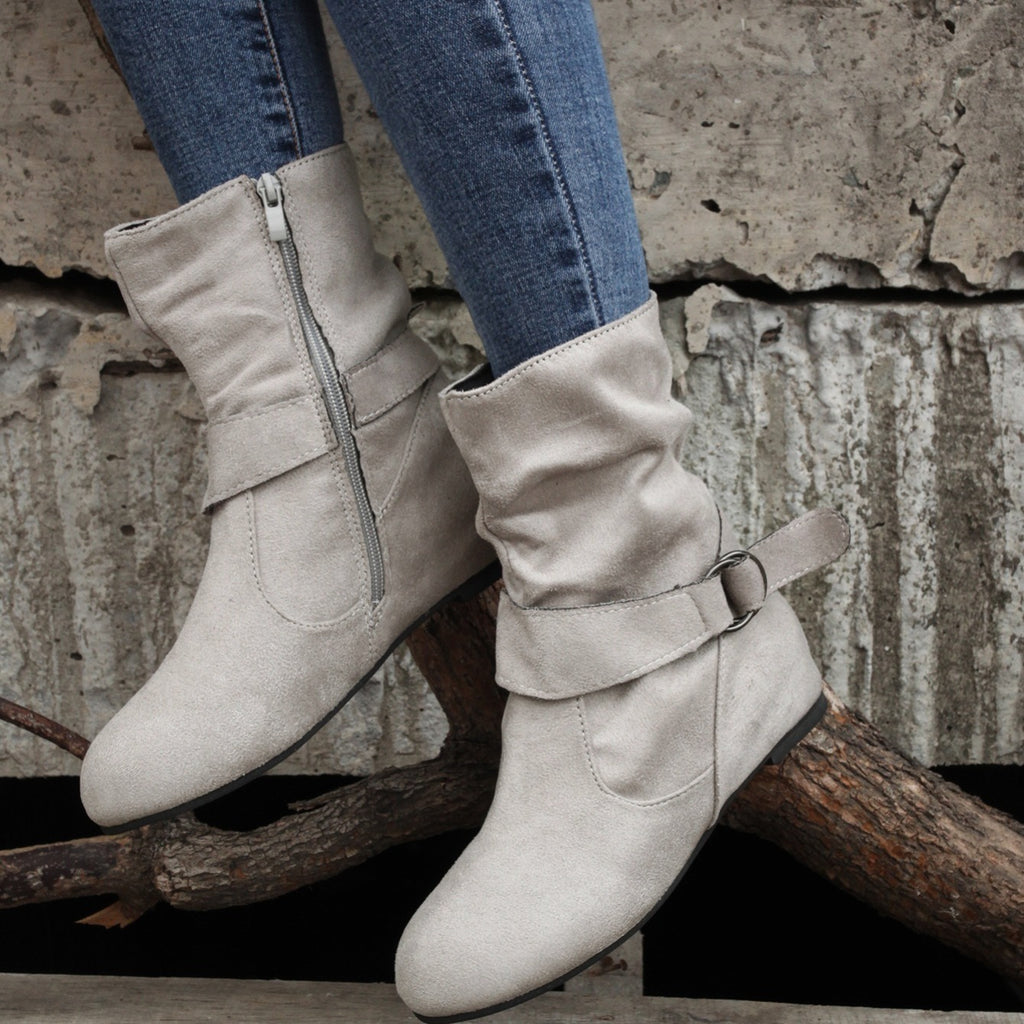 Womens Classic Solid Color Ankle Boots with Round-Toe Design - Fashion Buckle Belt & Side Zipper Closure - Ultra-Comfortable Outdoor Shoes for Stylish Adventures