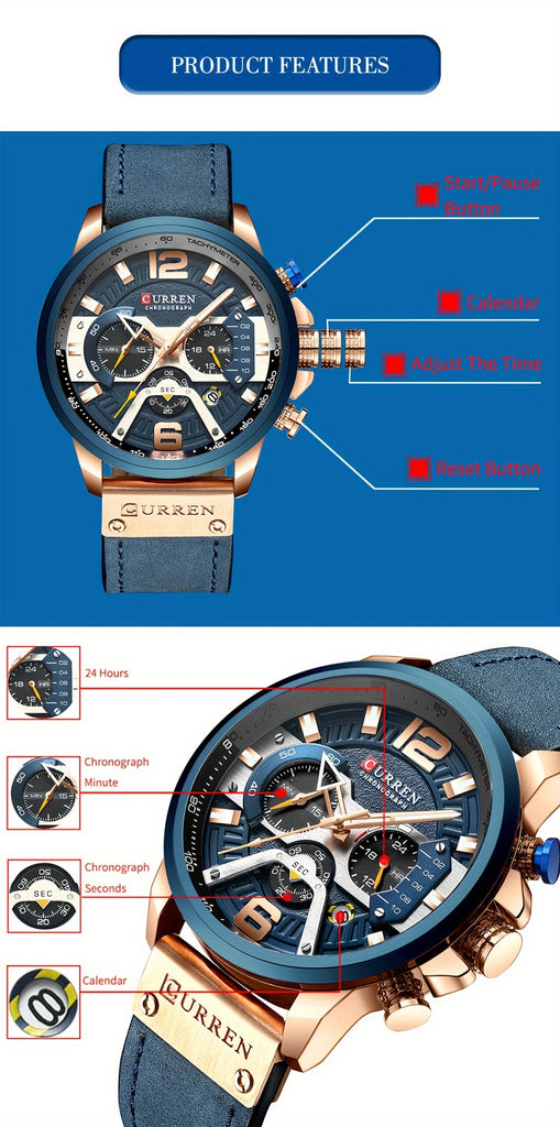 CURREN Chronograph Men's Watch Casual Sports Fashion Calendar Analog PU Leather Wrist Watch