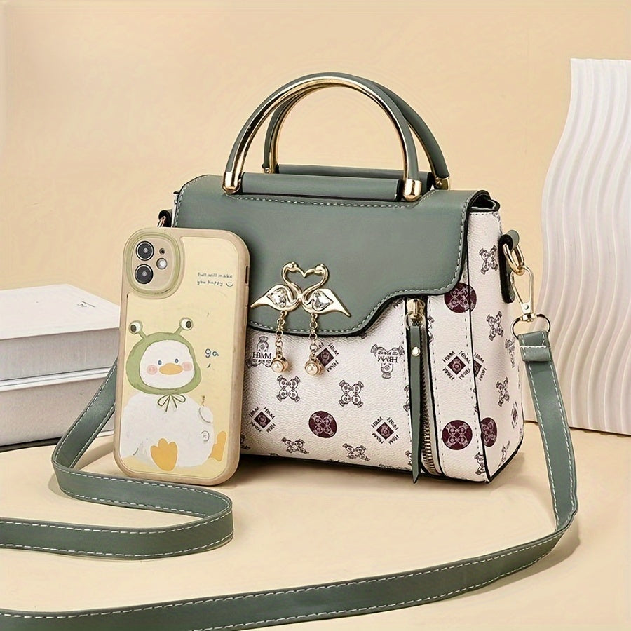 Trendy Printed Handbag For Women, Mini PU Leather Crossbody Bag, Retro Top Handle Flap Purse