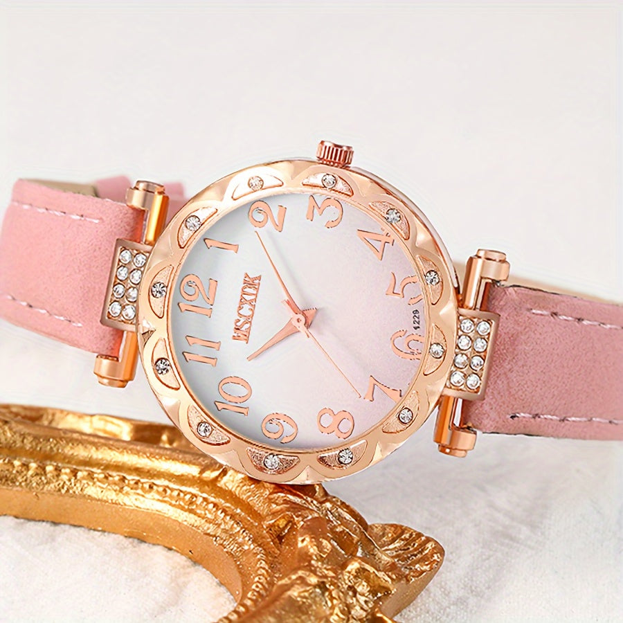2pcs/set Women's Rhinestone Pink Gradient Quartz Watch Analog PU Leather Wrist Watch & Star Bangle, Gift For Mom Her