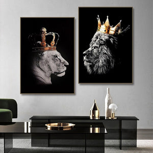 2pcs Lion Couple Wall Decals, Black Lion & Lioness With Crowns Canvas Painting Posters Wall Art Decor, For Home Bedroom Living Room Decor