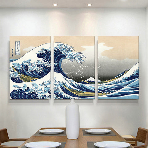 3pcs The Wave of Kanagawa - Famous Painting Print for Living Room and Office Decoration