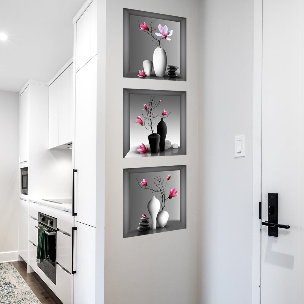 3pcs Elegant Floral Wall Decals for Bedroom and Living Room - Self-Adhesive Removable Stickers for Home Decor