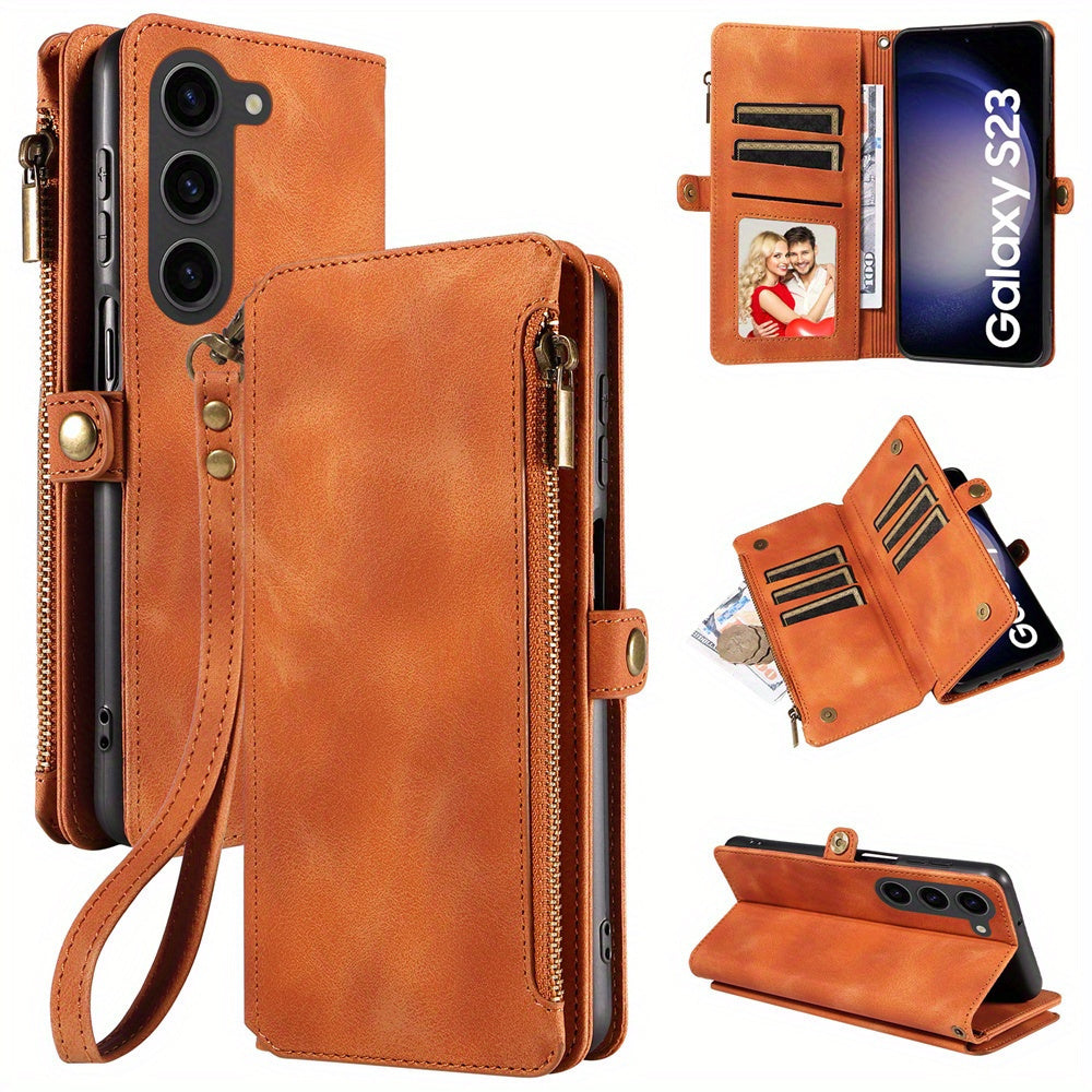 For Samsung Galaxy S23 Ultra, S22, S21, S20, S23 Plus, S23 FE Phone Case, RFID Blocking Wallet Case For Women Men With 9 Credit Card Holder Zipper PU Leather Protective Phone Cover