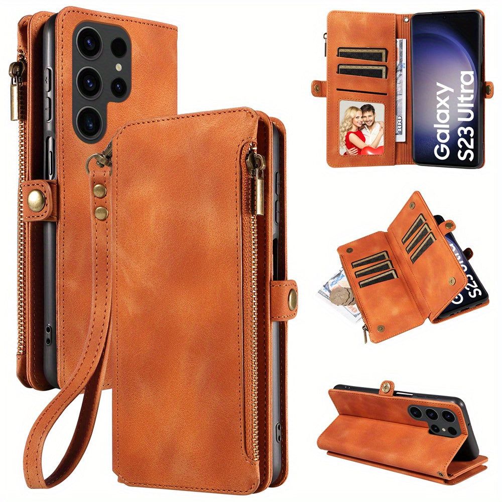 For Samsung Galaxy S23 Ultra, S22, S21, S20, S23 Plus, S23 FE Phone Case, RFID Blocking Wallet Case For Women Men With 9 Credit Card Holder Zipper PU Leather Protective Phone Cover