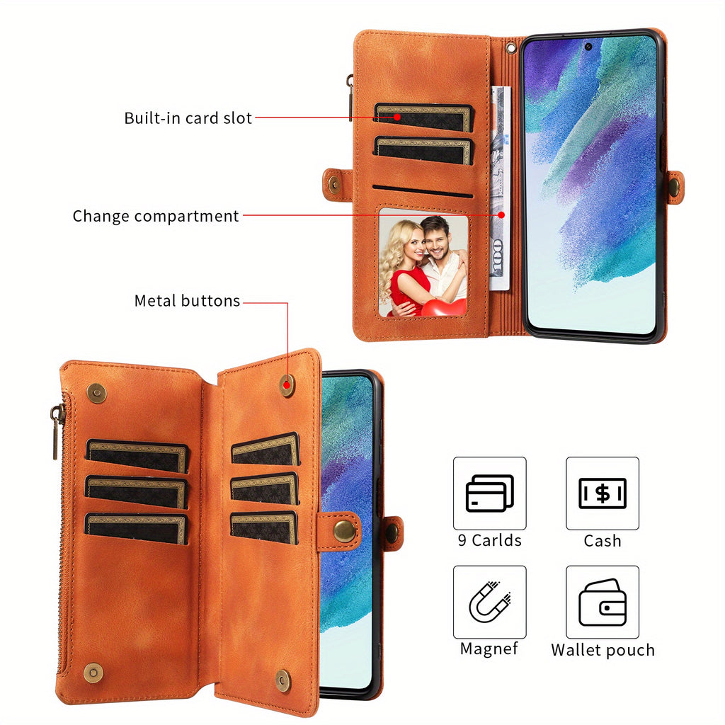 For Samsung Galaxy S23 Ultra, S22, S21, S20, S23 Plus, S23 FE Phone Case, RFID Blocking Wallet Case For Women Men With 9 Credit Card Holder Zipper PU Leather Protective Phone Cover