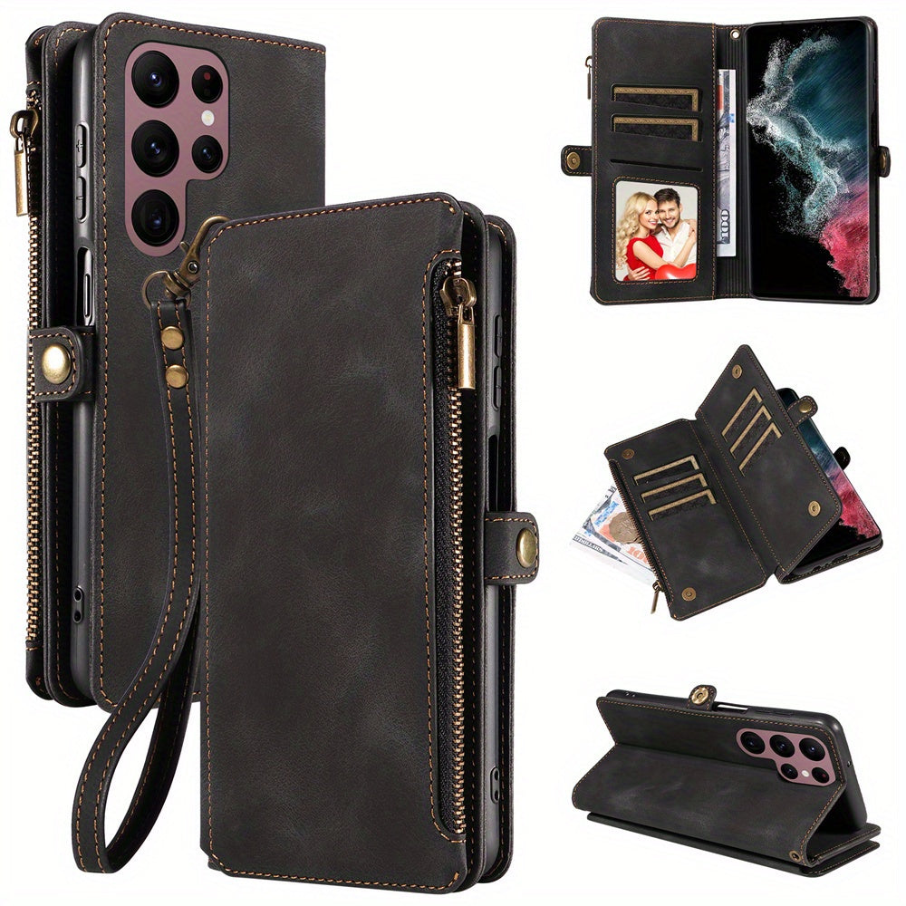 For Samsung Galaxy S23 Ultra, S22, S21, S20, S23 Plus, S23 FE Phone Case, RFID Blocking Wallet Case For Women Men With 9 Credit Card Holder Zipper PU Leather Protective Phone Cover