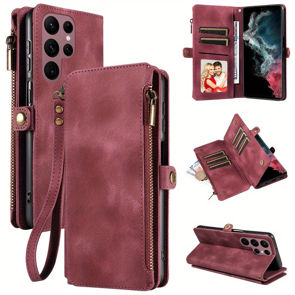 For Samsung Galaxy S23 Ultra, S22, S21, S20, S23 Plus, S23 FE Phone Case, RFID Blocking Wallet Case For Women Men With 9 Credit Card Holder Zipper PU Leather Protective Phone Cover