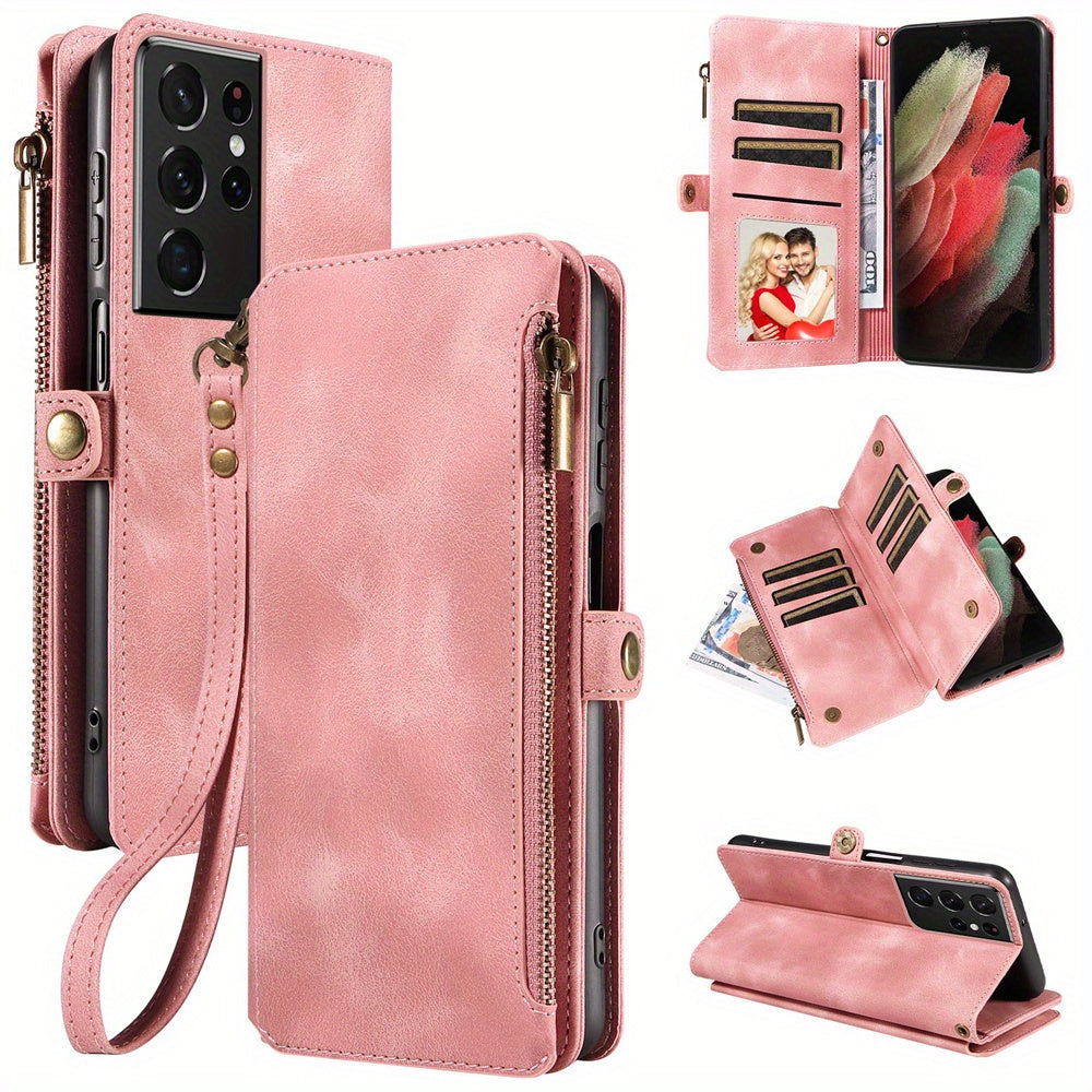 For Samsung Galaxy S23 Ultra, S22, S21, S20, S23 Plus, S23 FE Phone Case, RFID Blocking Wallet Case For Women Men With 9 Credit Card Holder Zipper PU Leather Protective Phone Cover