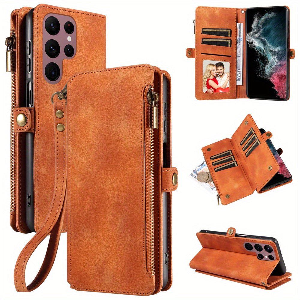 For Samsung Galaxy S23 Ultra, S22, S21, S20, S23 Plus, S23 FE Phone Case, RFID Blocking Wallet Case For Women Men With 9 Credit Card Holder Zipper PU Leather Protective Phone Cover