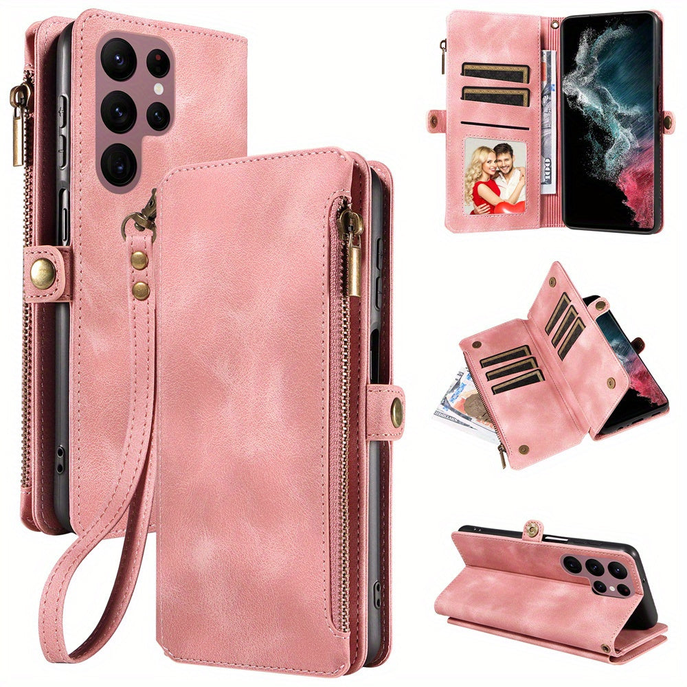 For Samsung Galaxy S23 Ultra, S22, S21, S20, S23 Plus, S23 FE Phone Case, RFID Blocking Wallet Case For Women Men With 9 Credit Card Holder Zipper PU Leather Protective Phone Cover