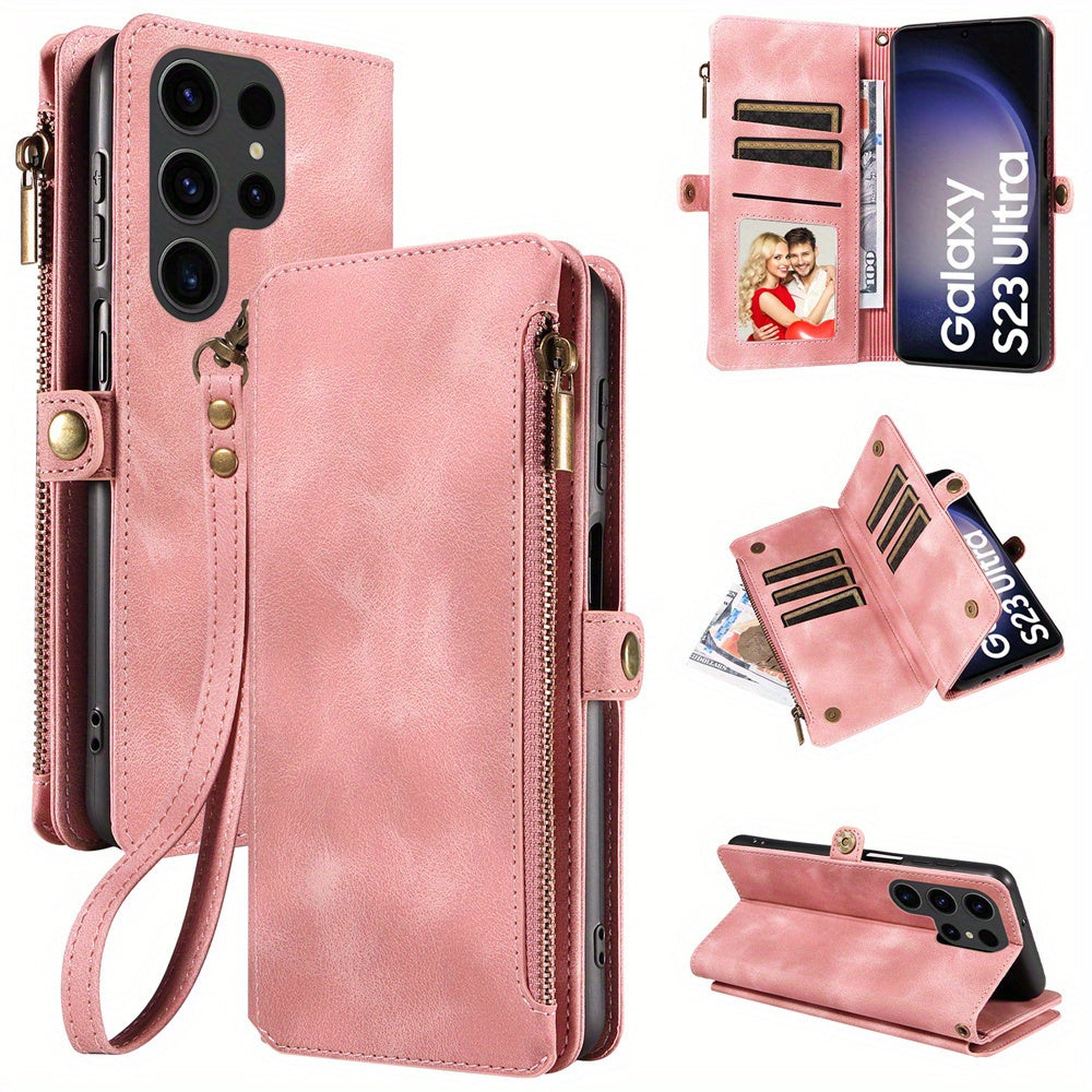 For Samsung Galaxy S23 Ultra, S22, S21, S20, S23 Plus, S23 FE Phone Case, RFID Blocking Wallet Case For Women Men With 9 Credit Card Holder Zipper PU Leather Protective Phone Cover