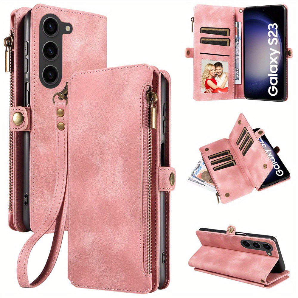 For Samsung Galaxy S23 Ultra, S22, S21, S20, S23 Plus, S23 FE Phone Case, RFID Blocking Wallet Case For Women Men With 9 Credit Card Holder Zipper PU Leather Protective Phone Cover
