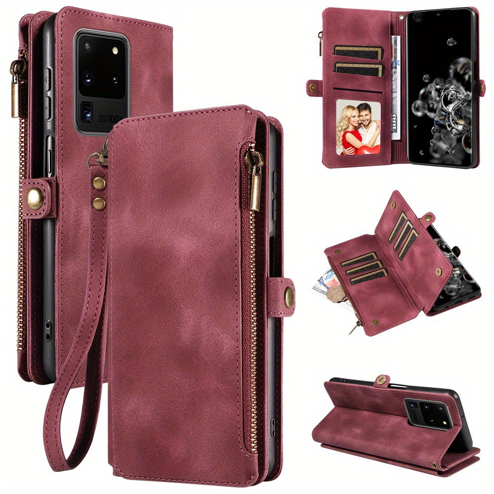 For Samsung Galaxy S23 Ultra, S22, S21, S20, S23 Plus, S23 FE Phone Case, RFID Blocking Wallet Case For Women Men With 9 Credit Card Holder Zipper PU Leather Protective Phone Cover