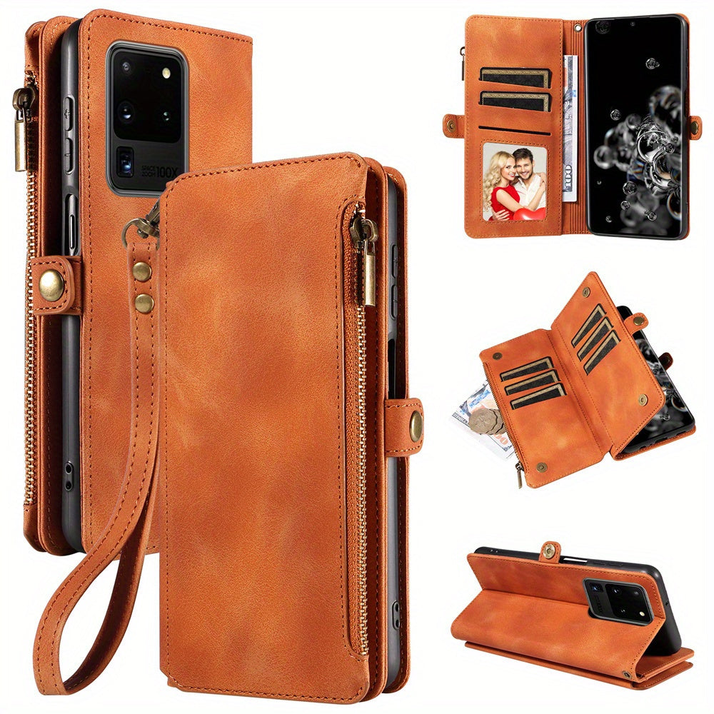 For Samsung Galaxy S23 Ultra, S22, S21, S20, S23 Plus, S23 FE Phone Case, RFID Blocking Wallet Case For Women Men With 9 Credit Card Holder Zipper PU Leather Protective Phone Cover