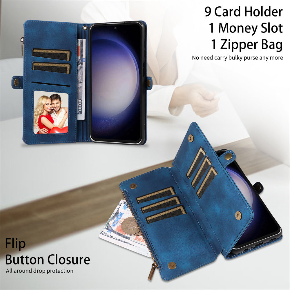 For Samsung Galaxy S23 Ultra, S22, S21, S20, S23 Plus, S23 FE Phone Case, RFID Blocking Wallet Case For Women Men With 9 Credit Card Holder Zipper PU Leather Protective Phone Cover