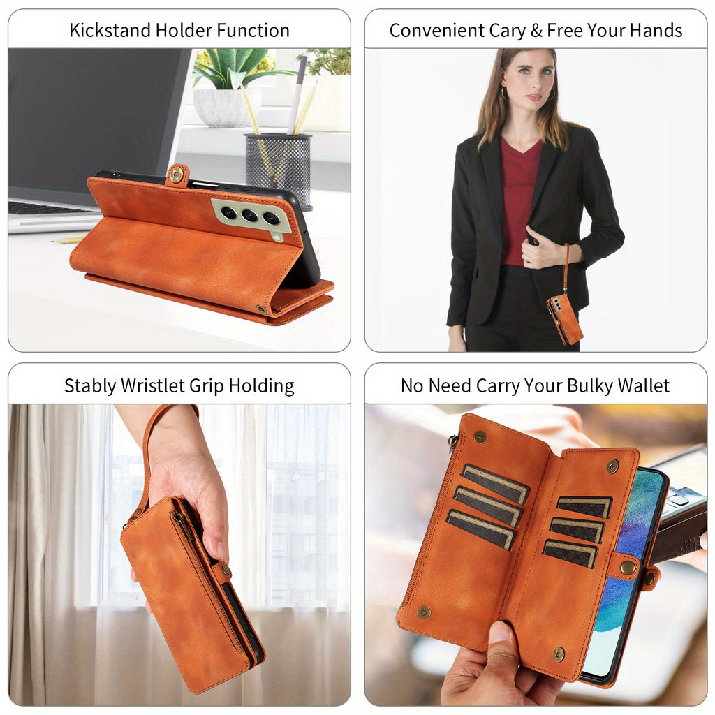 For Samsung Galaxy S23 Ultra, S22, S21, S20, S23 Plus, S23 FE Phone Case, RFID Blocking Wallet Case For Women Men With 9 Credit Card Holder Zipper PU Leather Protective Phone Cover