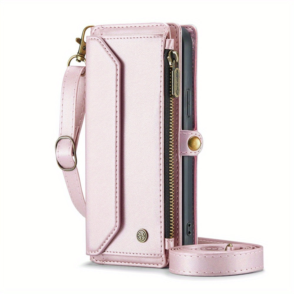 Extended Lanyard Faux Leather Phone Case for Iphone 15, 14, 13, 12, 11 Pro Max, Mini, XR, XS, 8, 7 Plus, And SE 2022 with Zipper Wallet And Card Holder