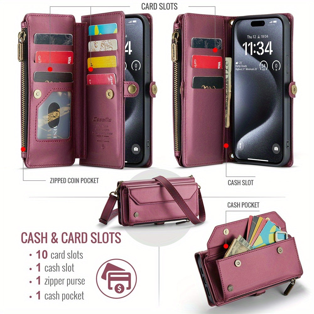 Extended Lanyard Faux Leather Phone Case for Iphone 15, 14, 13, 12, 11 Pro Max, Mini, XR, XS, 8, 7 Plus, And SE 2022 with Zipper Wallet And Card Holder