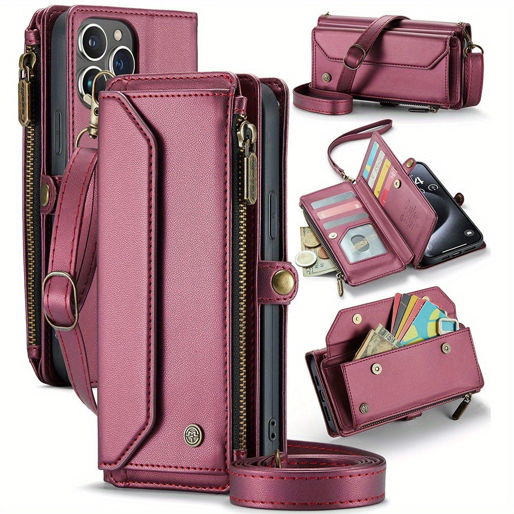 Extended Lanyard Faux Leather Phone Case for Iphone 15, 14, 13, 12, 11 Pro Max, Mini, XR, XS, 8, 7 Plus, And SE 2022 with Zipper Wallet And Card Holder