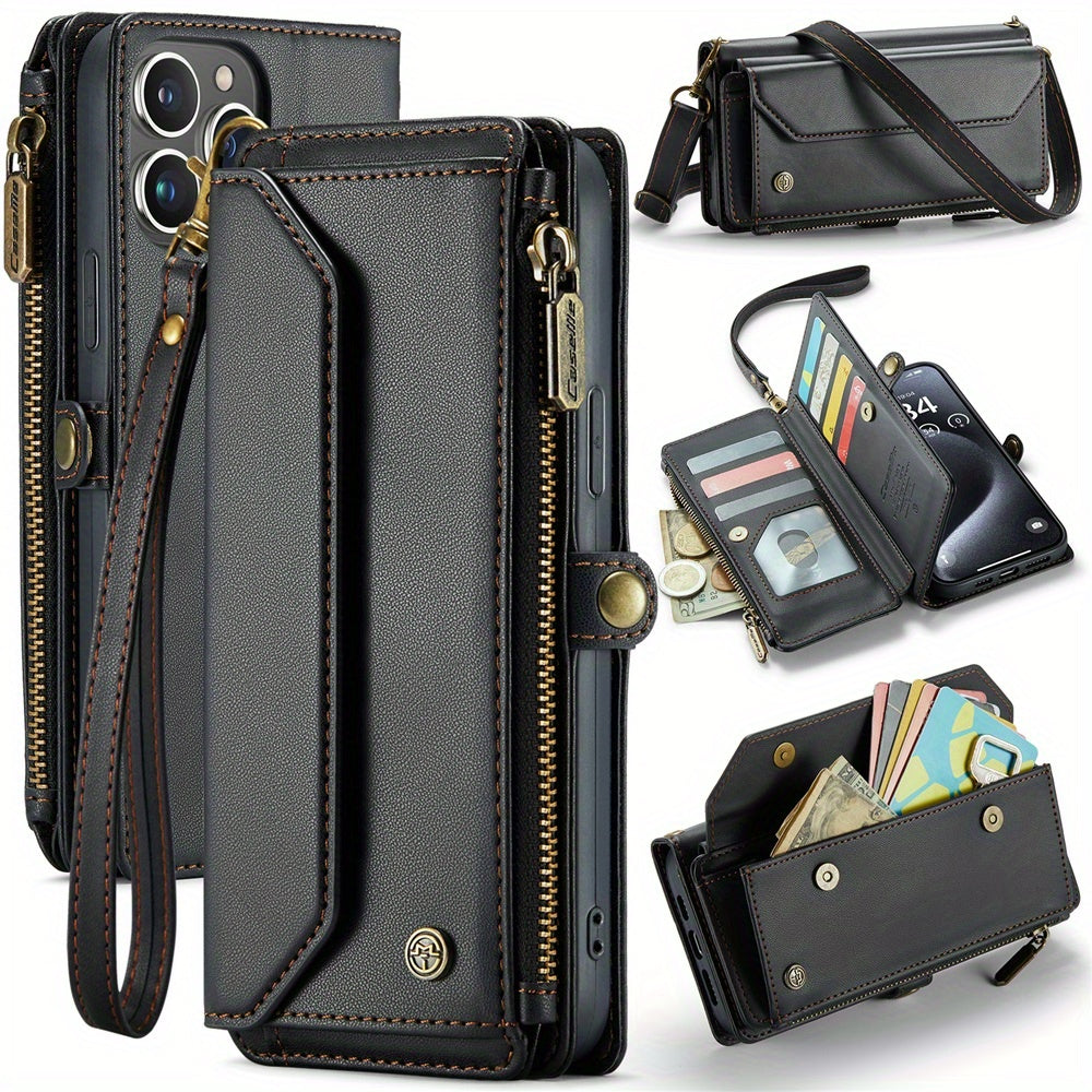 Extended Lanyard Faux Leather Phone Case for Iphone 15, 14, 13, 12, 11 Pro Max, Mini, XR, XS, 8, 7 Plus, And SE 2022 with Zipper Wallet And Card Holder