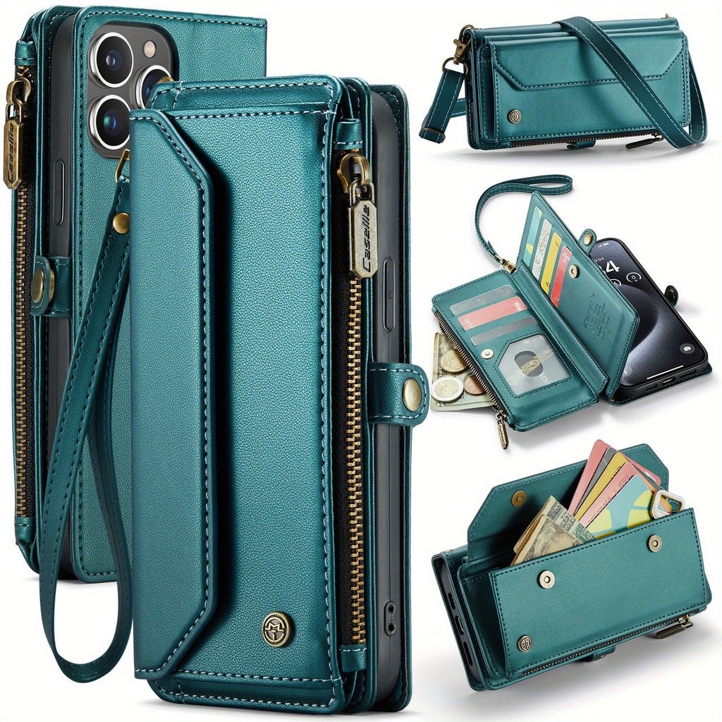 Extended Lanyard Faux Leather Phone Case for Iphone 15, 14, 13, 12, 11 Pro Max, Mini, XR, XS, 8, 7 Plus, And SE 2022 with Zipper Wallet And Card Holder